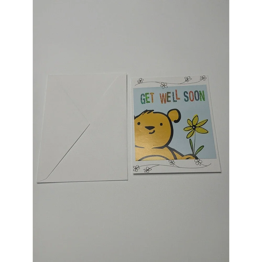 Get Well Soon Greeting Card Cute Bear with‎ Flower Glitter Accents Blank Inside